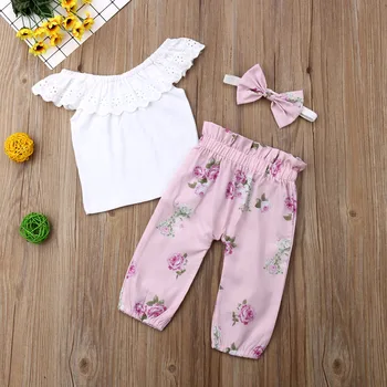 0-24M Copilul mic Copil Fata de Dantelă Topuri Tricou Floral Pantaloni 3Pcs Tinuta Set Sunsuit 0-18M