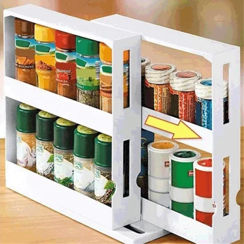 2 Straturi Rotative Raft de Depozitare Cabinet Sticla Spice Rack Push-pull Multi-Funcțional Accesorii de Bucătărie Alimente Cutie