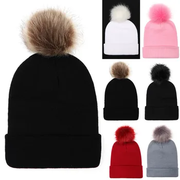 2018 Noi Femeile Adulte Țină De Cald Iarna Minge De Blană Tricotate Din Lână Beanie Hemming Pălărie Capac Femei Casual Pălărie Se25 40
