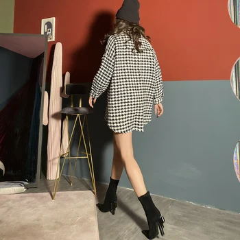 2019 Nou Recomandat de Moda de zi cu Zi Costum Gros Alb-Negru Carouri Cămașă Lungă Streetwear Lână Vrac Femei Topuri si Bluze
