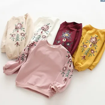 2019 Primăvară Nouă Îmbrăcăminte pentru Copii coreean Fete Retro Tipărite Broderie Flori cu mâneci Lungi T-shirt Copii Băieți Fete Pulover