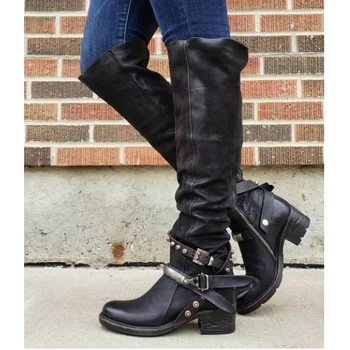 2020 Femei din Piele de Iarnă stilul Punk genunchi cizme Vintage stud zip pentru Femei cizme cu catarama Plus Dimensiune pantofi jki89