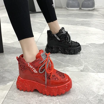 2020 Femei Platforma Adidasi Designeri De Lux Din Piele Indesata Pantofi De Primăvară Roșu Dantela-Up Pantofi Casual Femei Cu Talpă Groasă Formatori