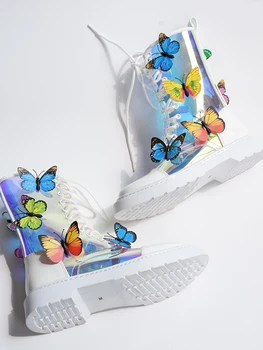 2020 Nou-veniți Papuceii Transparent colorat fluture Scurte Plat Cizme Rotund Toe Brioșă Toc Dantelă-Up Noutate Pantofi Femei