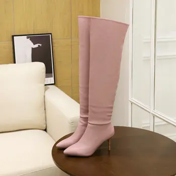 2021 Noi Faux Din Piele Femei Cizme Genunchi Ridicat De Modă Plisate Subliniat Toe Femei Timp De Boot Mult Toc Subțire De Mare Doamnelor Pantofi De Iarnă De Culoare Roz