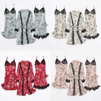 2021 Noi Satin Femei Pijama Set Rochie Kimono de Imprimare de Flori 4BUC Sleepwear Sexy Dantela Pijamale Moi Homewear Lenjerie Intima
