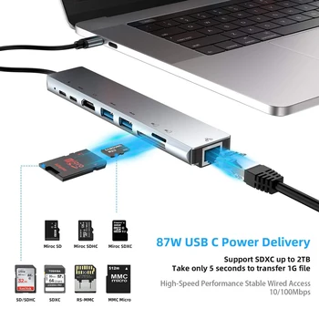 8-in-1 Type-C la 4K HDMI Docking Station Notebook Nub placa de Retea PD Încărcare Rapidă USB de Tip C Hub Adaptor pentru MacBook