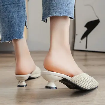 A Subliniat Mijlocul Tocuri Papuci De Femei Pantofi De Vara Sandale Sexy Din Tricot Elastic Cu Ochiuri Slingback Respirabil Catâri Superficial Diapozitive Pantofi