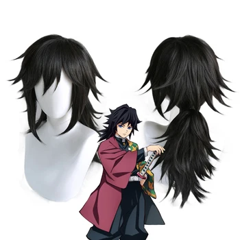 Anime Demon Slayer: Kimetsu nu Yaiba Tomioka Giyuu 55cm Lung Peruca Neagra, Rezistente la Căldură de Păr Cosplay Costum Peruci
