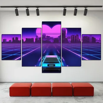 Arta De Perete Moderne De Imprimare Panza De Tablou 5 Piese Abstracte În Formă De Inimă Neon City Val Retro Mașina Acasă Decorative Modular Imagine