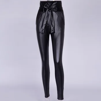 Aur Negru Centura de Talie Mare Creion Pantaloni Femei Faux din Piele PU Eșarfe Pantaloni Lungi Casual, Sexy Exclusive de Design de Moda