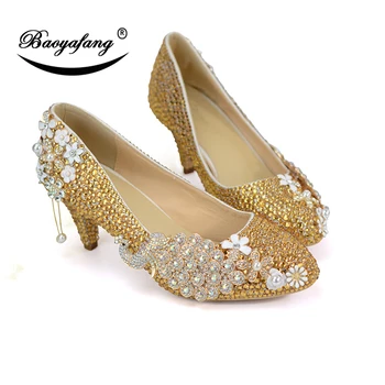 BaoYaFang 2018 Nou sosiți de cristal de Aur Păun pantofi de nunta femei 6cm Med tocuri pantofi Doamnelor Subliniat Toe pantofi rochie de petrecere
