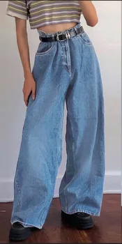 Blugi Femeie De Talie Mare Albastru Pantaloni Largi Picior Mare Stradă Vrac Stil Plin Lungime Pantaloni Denim Moda Albite De Epocă Pantaloni