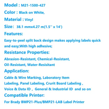 Bmp21 M21-1500-427 Eticheta Banda Negru Pe Alb film de vinil Compatibil pentru BMP21-Plus ID-ul AMICE LABPAL Label Maker Cablu eticheta