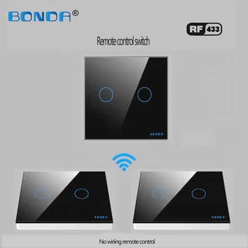 BONDA standard UE, panou de sticlă 1gang 2 mod inteligent acasă wireless 433mhz la distanță lampă de perete comutator tactil ,telecomanda touch comutator