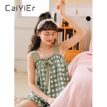 CAIYIER Vara Sexy Suferi Centura Pijamale coreean Femei Drăguț petrecere a timpului Liber Acasă Purta Secțiune Subțire Grila Bumbac Imprimat Sleepwear 2piece