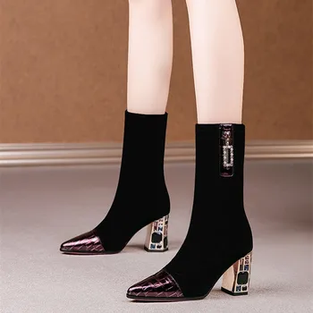 Cizme femei Stretdh Material Toc Toamna Șosete Cizme de Moda pentru Femei cu Fermoar Pompe Subliniat Toe Slip On