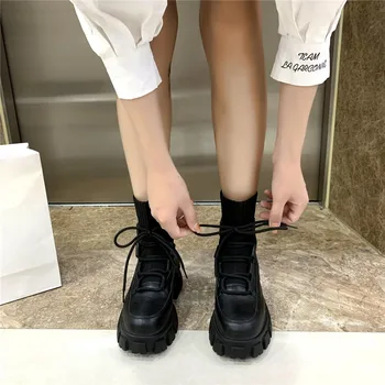 COOTELILI Cizme Femei Pantofi de Cald Rotund Deget de la picior de la Mijlocul Toc Dantelă Până În 2020, Noile Cizme de Moda Pentru Femei Platforma Negru de Bază 35-39