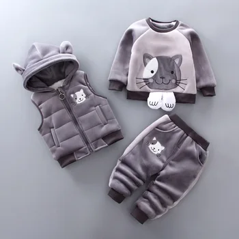 Copil Haine de Copil Set de Iarna Catifea Hanorace Pantaloni de Desene animate Pisica 3PCS Fete Baby Boy Costum pentru Baieti Vesta + Tricou+ Pantaloni 1 - 4 Y