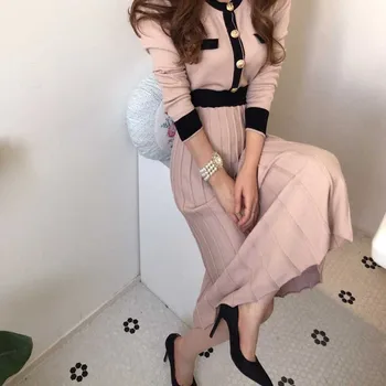 Coreeană Doamnelor Pulover Tricotate Rochie-O Bucată de Femei cu Maneci Lungi Rochii Plisate 2020 Iarna Doamna de Moda Rochie Tricot Rochie Lunga