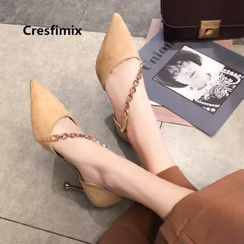 Cresfimix femei de moda dulce negru cristal lanț primăvară pantofi cu toc doamna a subliniat toe tocuri inalte femmes hauts gheare a5008