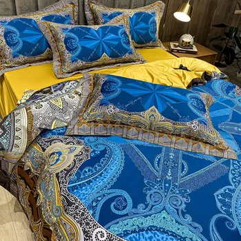 Culori luminoase Boem Albastru Regal Galben Carpetă Acopere set de Lux 600TC Egiptene din Bumbac Moale asternuturilor de Pat set de lenjerie de pat fețe de Pernă