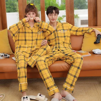 Cuplu Pijamale en-Gros de Femei din Tricot de Bumbac cu Mâneci Lungi Stil coreean Primavara si Toamna Barbati Homewear Set de Livrare Live