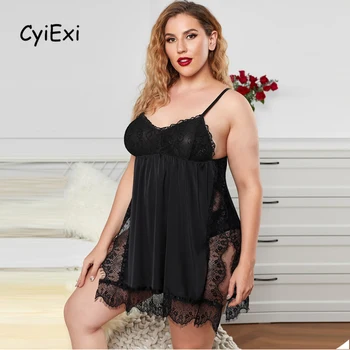 CyiExi Satin Negru Dantelă Florale Plus Dimensiunea Rochie de Lenjerie cu Deschidere Laterală femeii Sleepwear Sexy cămașă de noapte de Noapte pentru Femei 5XL