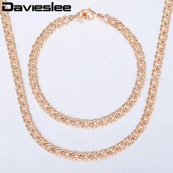 Davieslee Seturi de Bijuterii Pentru Femei 585 Aur a Crescut Brățară Colier Set cu Ciocanul Venețian Lanț 2018 Bijuterii en-Gros de 5.5 mm LCS03