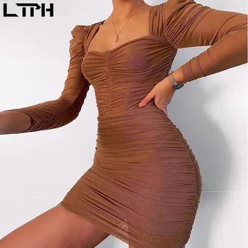 De Vânzare la cald 2020 Primăvară Nouă femei rochie Puff Maneca Pătrat Sexy Guler Dublu Plasă de Tifon Moda Pure Mini Sac de Șold rochii