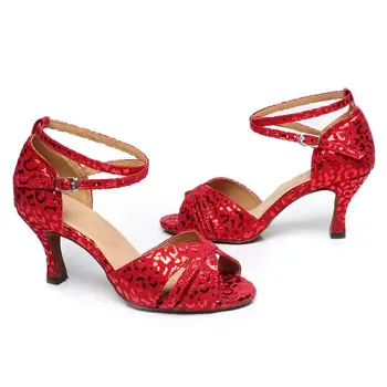 DKZSYIM Roșu/Argint Dans latino Pantofi Femei Sala de standard Național Pantofi de Dans tipărite Tango/Dans Salsa Sandale cu Tocuri inalte