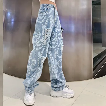 Femei blugi gaura de vară 2020 talie mare Lanț de moda de imprimare streetwear denim pantaloni Drepte hiphop blugi rupti pentru femei vrac