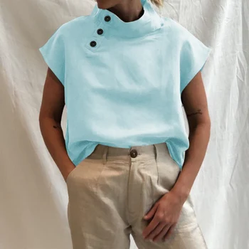 Femei Bumbac Suport Gat Buton Tricouri Bluza Casual de Vara cu Maneci Scurte Solid Bluza Topuri Largi Supradimensionate 5XL Femei Tricou Blusa