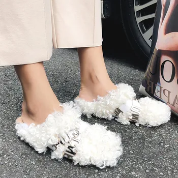 Femei casual pufos mocasini lână aluneca pe rotund toe blana de iepure cu înălțime interioară de metal decor cret pantofi cald iarna moale petrecere