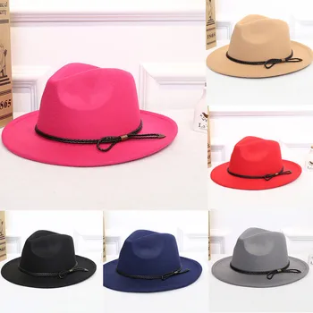 Femei de moda Sfărâmare Lână Simțit Outback Pălărie Pălărie Largă Refuz cu Centura American Capace Rotunde Pălării Melon Feminino Gorra
