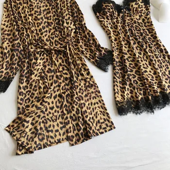 Femei Set Pijama Sexy Leopard de Imprimare de Mătase Set de cămașă de noapte din Satin Pijamale de Mătase Cardigan Cămașă de noapte un Halat de baie Femei Halate de Lenjerie de corp