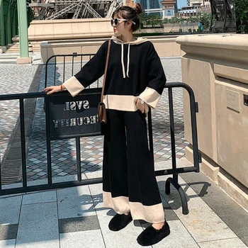Femei Seturi de Epocă Liber Casual Plus Dimensiune 4XL Nou Stil coreean Toamna Streetwear cu Gluga Mozaic 2piese Largi Picior Pantaloni Chic