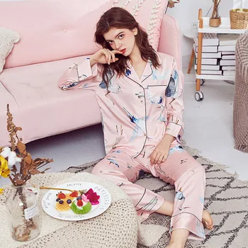 FINETOO Femei Set de Pijama cu maneca Lunga-Pantaloni Animale Imprimate Moale Sleepwear Doamna Pijamale Imitație de Mătase Stil Simplu Pijamale