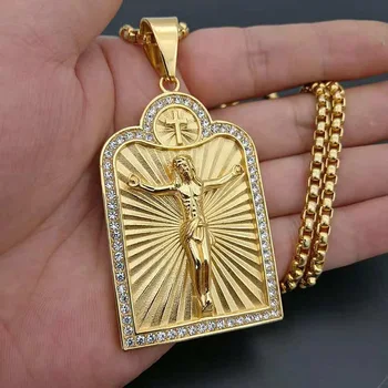 Hip hop de Aur Isus Cruce Coliere Pandantive Pentru Barbati de Culoare de Aur din Oțel Inoxidabil Lanțuri Colier Crucifixul de sex Masculin Creștin Bijuterii