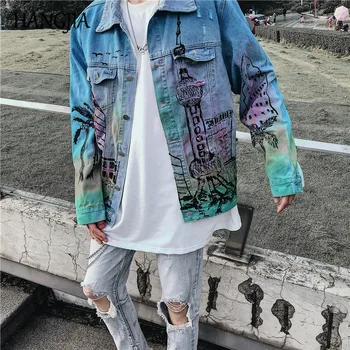 Hip Hop Tipărite Jachete din Denim Mens Streetwear Rupt Jacheta Denim pentru Barbati 2019 la Modă de Îmbrăcăminte pentru Bărbați Jachete si Paltoane