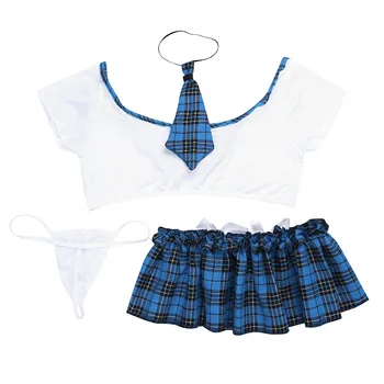IEFiEL Alb&Albastru Femeile Fată Școală Uniformă Crop Top Carouri Fusta Mini cu G-string Set Cravata Cosplay jocul de Rol Costume de Petrecere