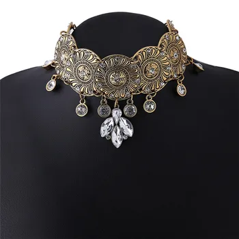 Imixlot Etnice de Cristal de Aur de Argint de Culoare Rotund Cravată Colier Pentru Femei Largă de Bijuterii Costum de Epocă