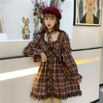 Japoneze Gothic Lolita Rochie De Toamna Femei Maneca Lunga Carouri Rochie Mini Piața Arcul De Guler Punk Rochie Fete Volane Rochii De Petrecere