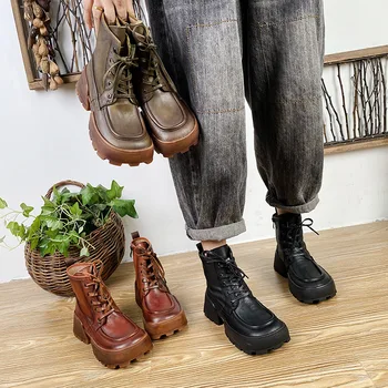 Johnature Dantela-Up Pantofi Femei Cizme Cu Platforma 2020 Noua Din Piele De Iarnă Rotund Toe Lucrate Manual Moda De Petrecere A Timpului Liber Doamnelor Cizme