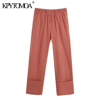 KPYTOMOA Femei 2020 Moda Chic de Birou Poarte Întoarce Pantaloni Vintage de Mare Elastic Talie Buzunare Laterale Feminin Glezna Pantaloni Mujer