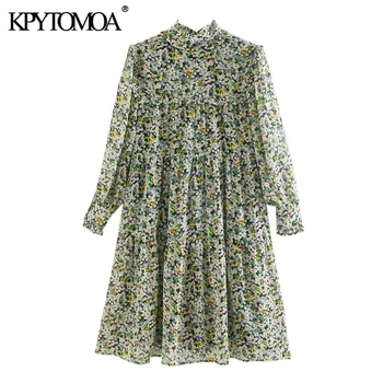 KPYTOMOA Femei 2020 Moda Chic Floral Print Ciufulit Rochie Vintage Maneca Lunga Cu Garnitură de Rochii de sex Feminin Vestidos Mujer