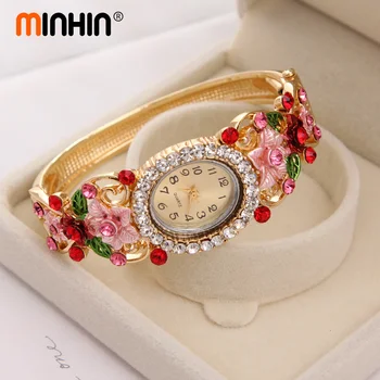 MINHIN Brand de Lux Brățară Ceas Doamnelor Floare de Cristal Brățară Femei Cadou Minunat Rochie de Cuarț Ceas Placat cu Aur, Ceas de mână