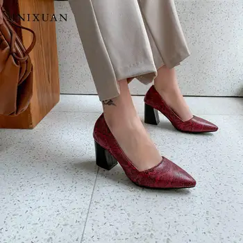 MNIXUAN femei Sexy, pantofi cu toc inalt 2020 nou a subliniat toe sarpe de imprimare de moda rochie de bloc toc maro femeie pantofi plus dimensiune 32-48