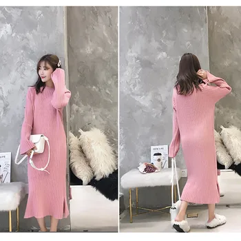 Moda Casual plus dimensiune roz O-Gât vrac direct de rochie din tricot 2020 iarna Split cald timp de iarnă bază pulover rochie 3XL