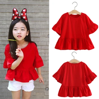 Moda copii Imbracaminte Copii Topuri Fete coreean Summer Spring Red Trompeta Mâneci Tricou T-shirt